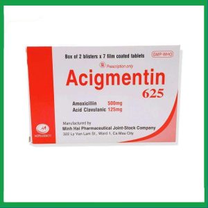 Thuốc Acigmentin 625 điều trị nhiễm khuẩn nặng đường hô hấp trên (2 vỉ x 7 viên)